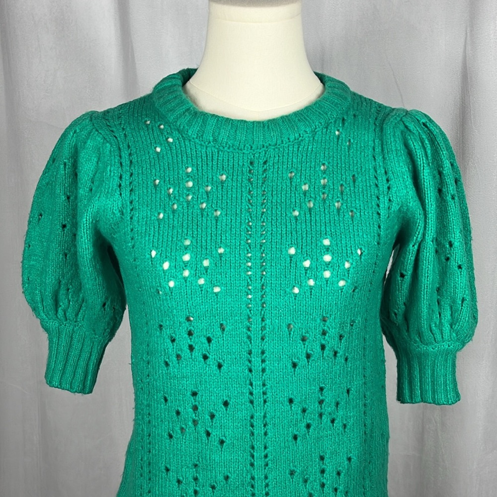 For Love And Lemons Emerald Green Scoop Neck Pointelle Puff Sleeve Sweater - Picture 6 of 9